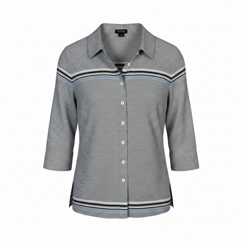 WORTH New York Size Medium Blue Striped Button Up Blouse Top 3/4 Sleeves Career